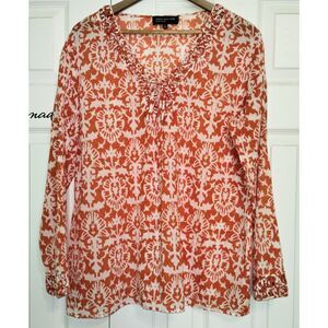 Jones New York Orange & Cream Boho-Chic Peasant Cottage Core Tunic Top (Size XL)